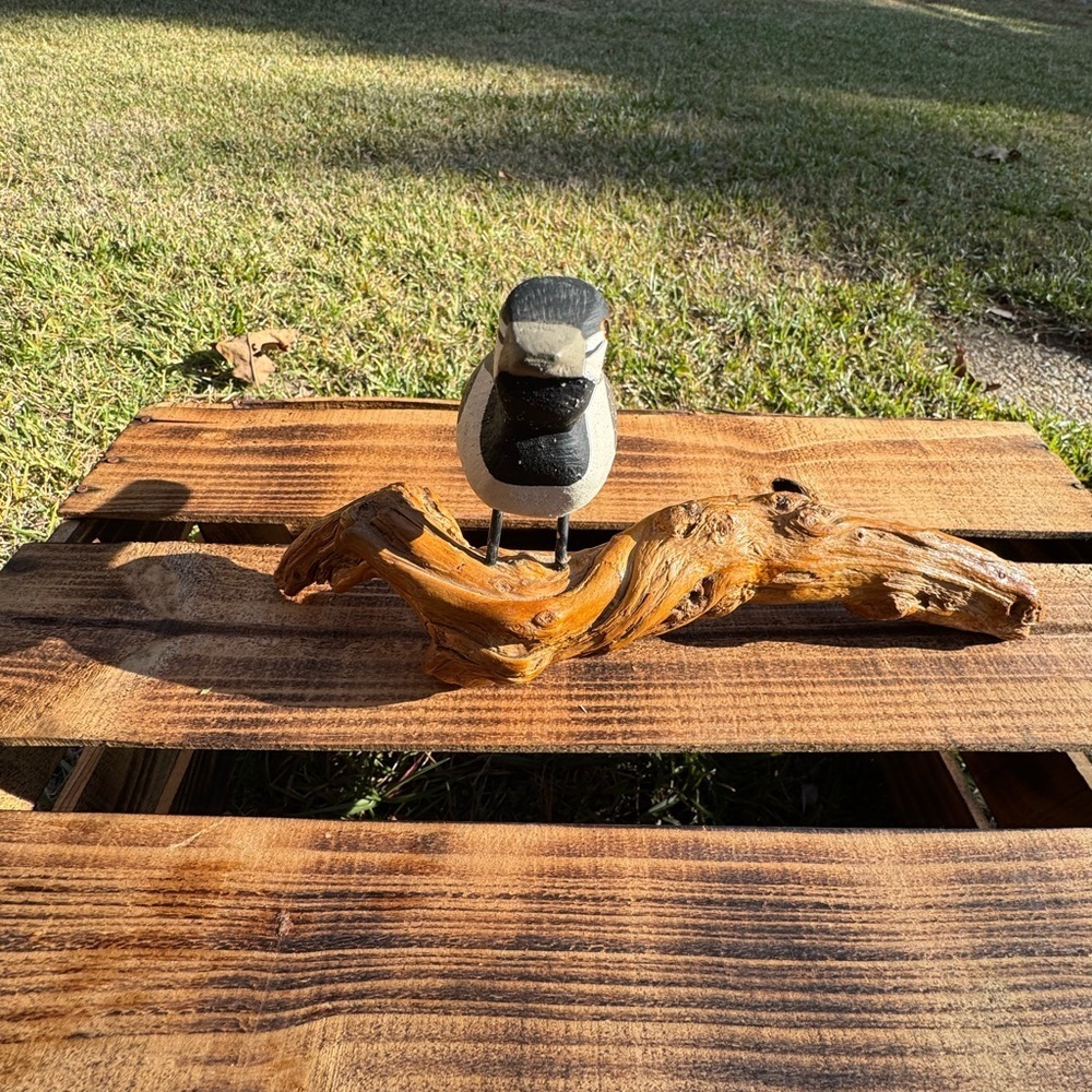 Vintage Hand Carved Wood and Painted Chickadee Bird On Branch